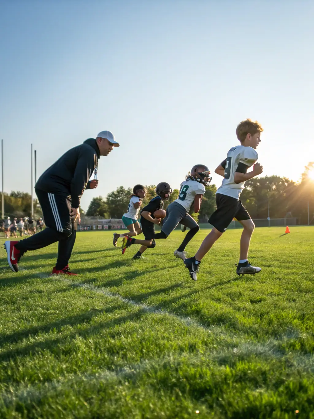 A vibrant image of children and teenagers actively participating in a football training session on a lush green field, with coaches guiding them and smiles on their faces.
