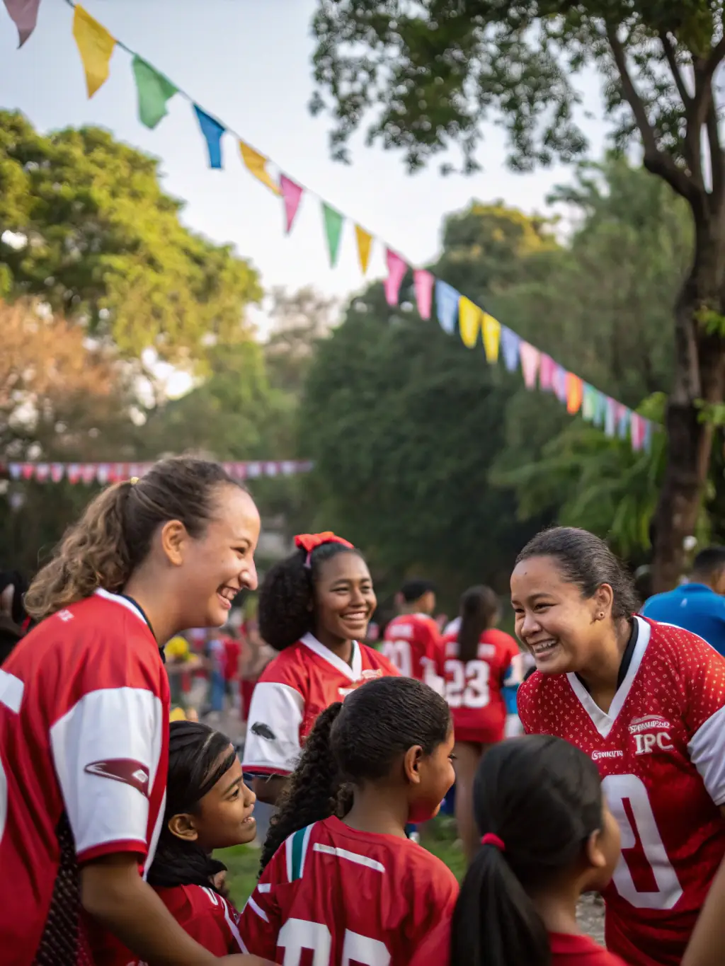 A diverse group of L'ESB members, including players, coaches, and volunteers, smiling and interacting positively during a community event. The image should showcase the inclusive and welcoming nature of the association.