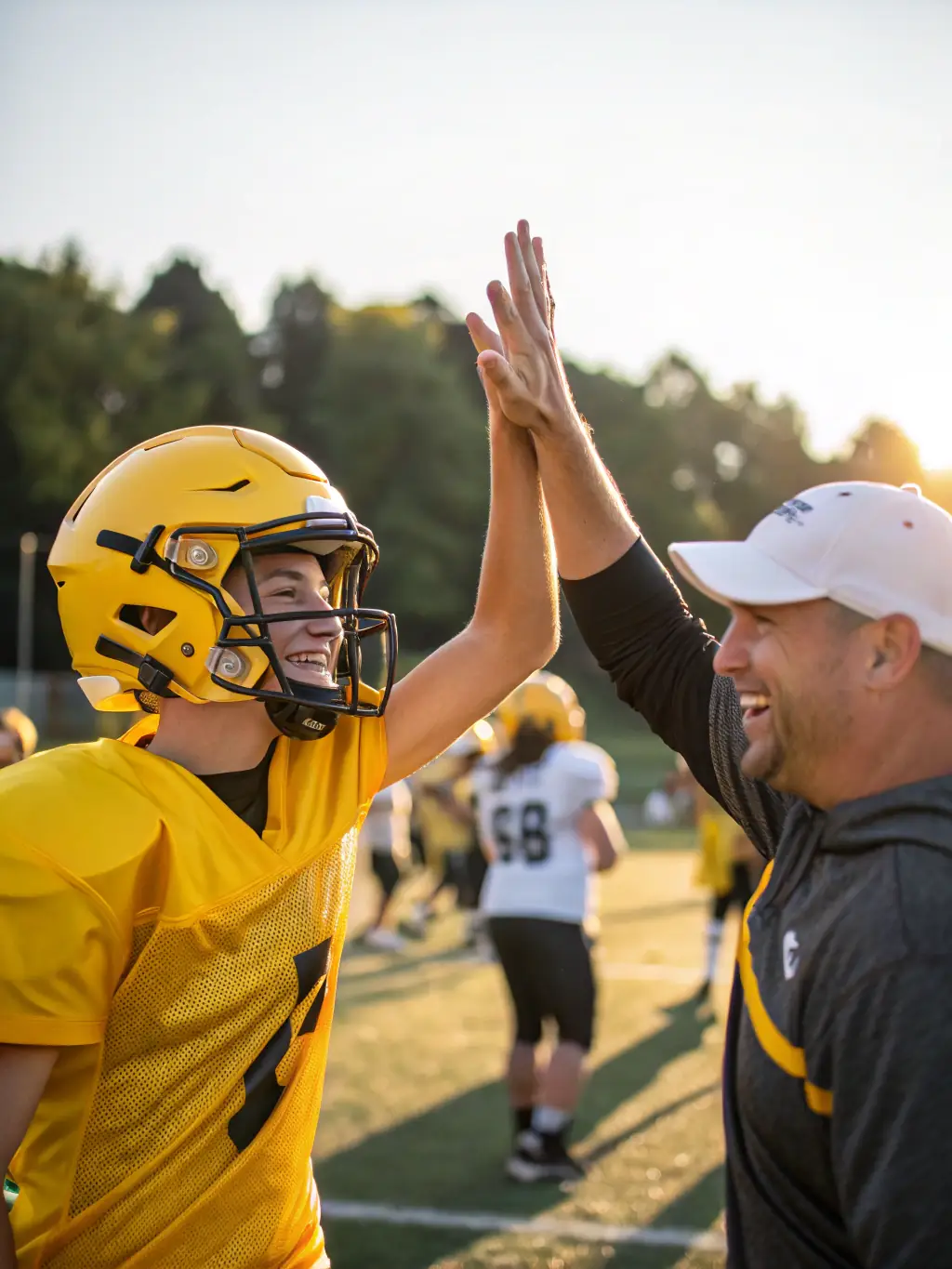 A team of L'ESB football players celebrating a victory, with arms around each other and joyful expressions. The image should emphasize the strong team spirit within the association.