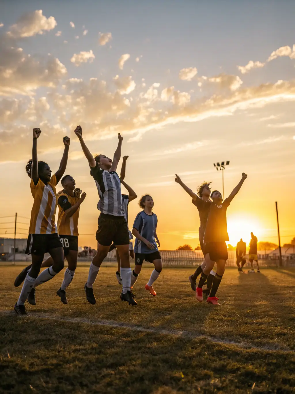 An energetic scene of local teams competing on a sunny day, with spectators cheering and players celebrating a goal, capturing the festive and inclusive atmosphere.