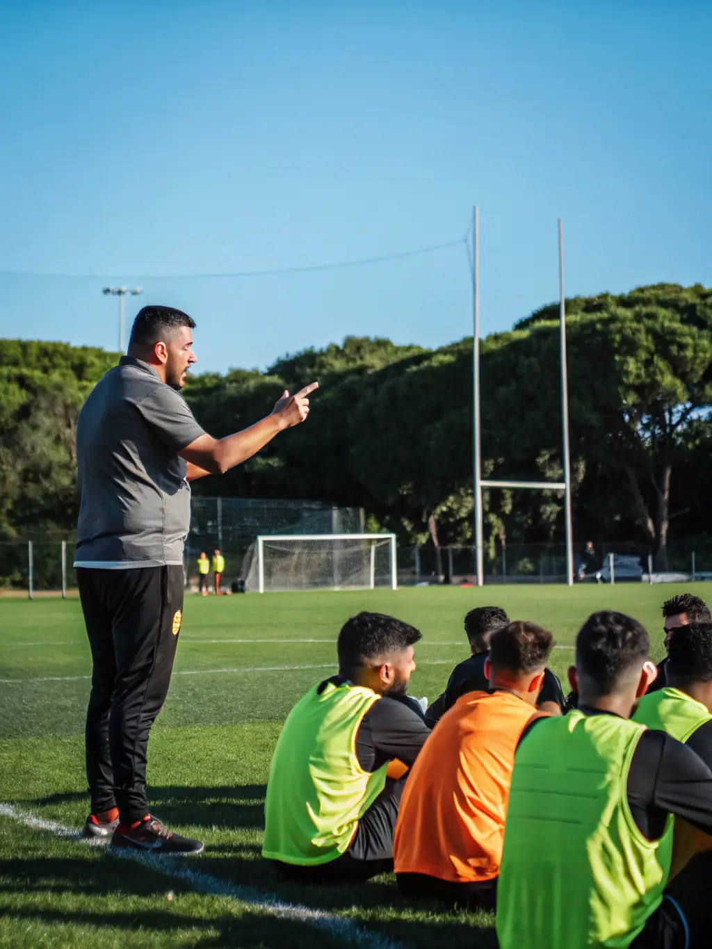 A group of young football players in L'ESB training uniforms, attentively listening to their coach during a practice session. The image should convey a sense of structured learning and guidance.