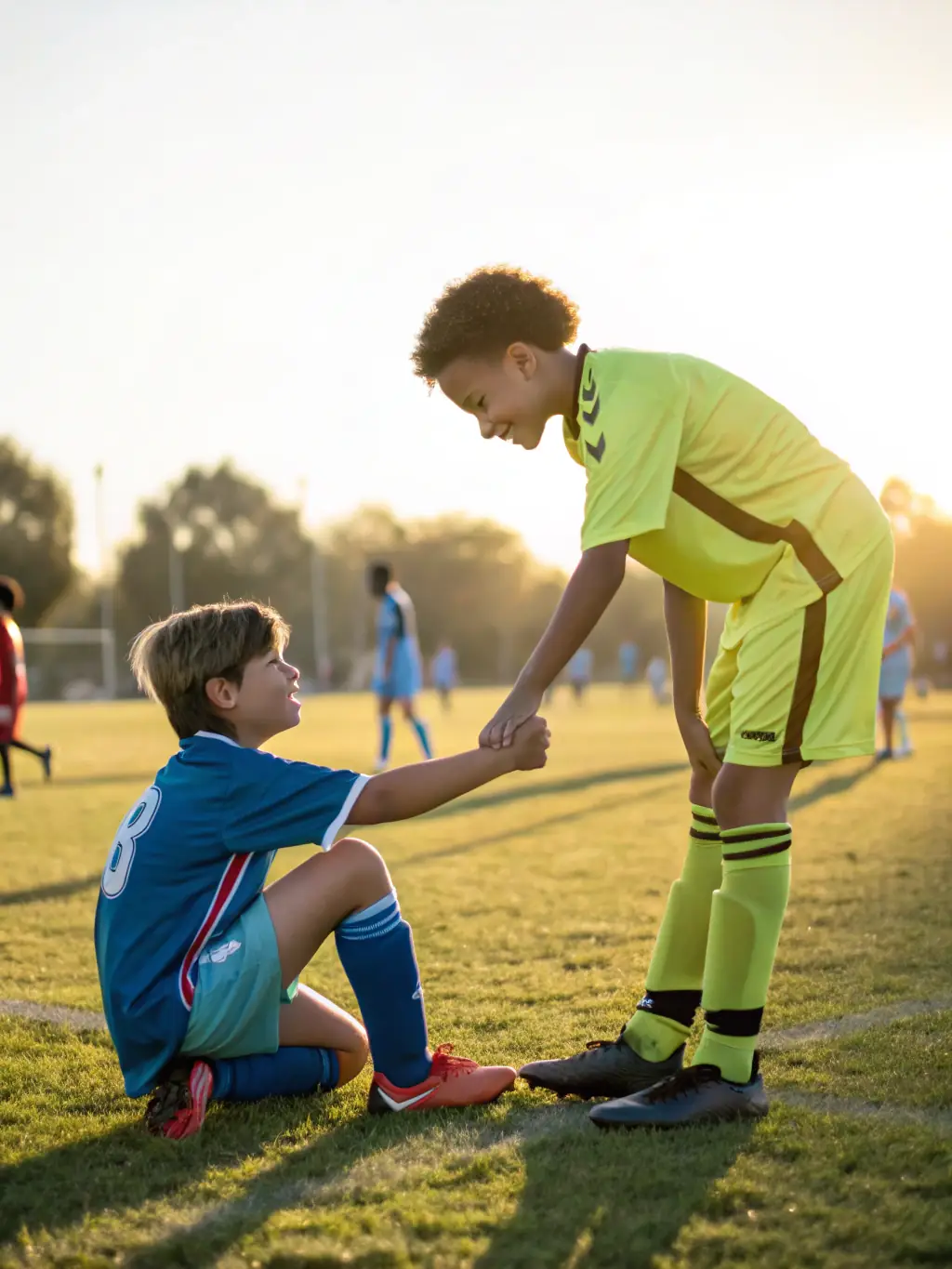 Two L'ESB players shaking hands after a match, demonstrating respect and sportsmanship. The image should highlight the importance of mutual respect within the association.