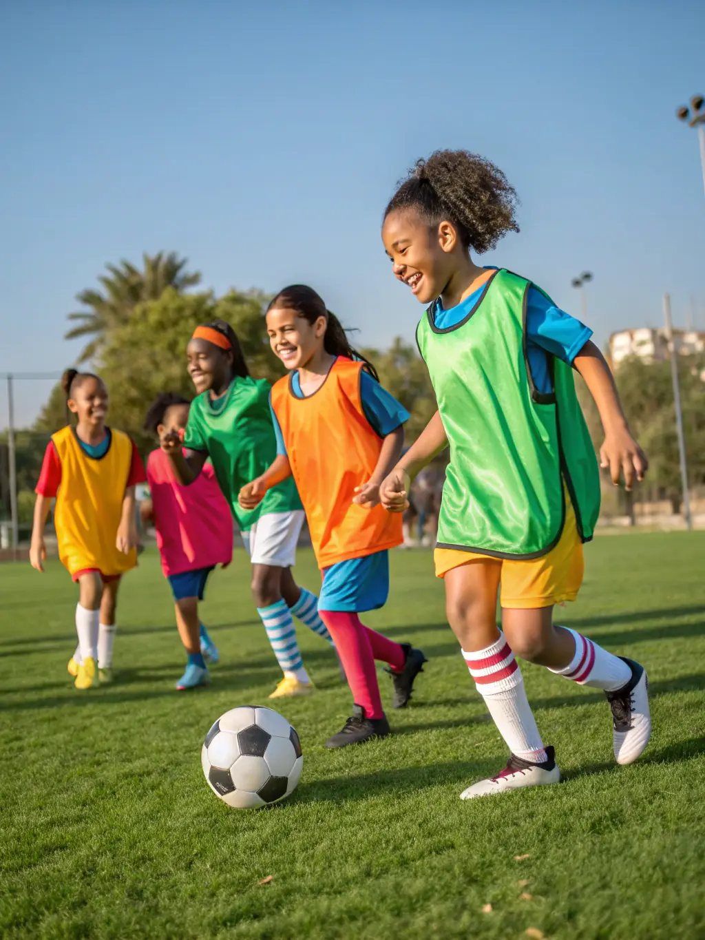 A diverse group of children participating in a football summer camp, showcasing various drills and activities under the guidance of experienced coaches.